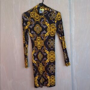 Versace Jeans Gold and Black Bodycon Long Sleeve Mock Neck Dress for Night Out